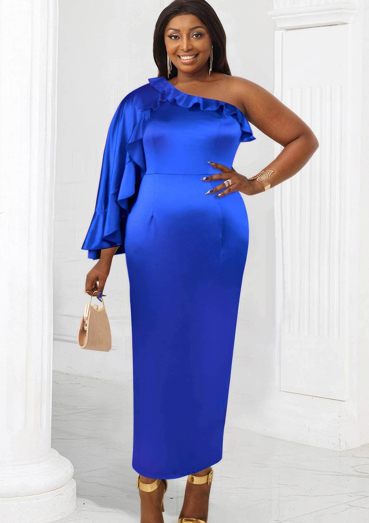 One-Shoulder Asymmetrical Ruffle Satin Midi Dress