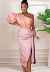 One Shoulder Balloon Sleeves Frill Detail Dress US 4-6 / LightPink