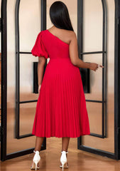 One-Shoulder Bubble Sleeves Pleated Hem Dress