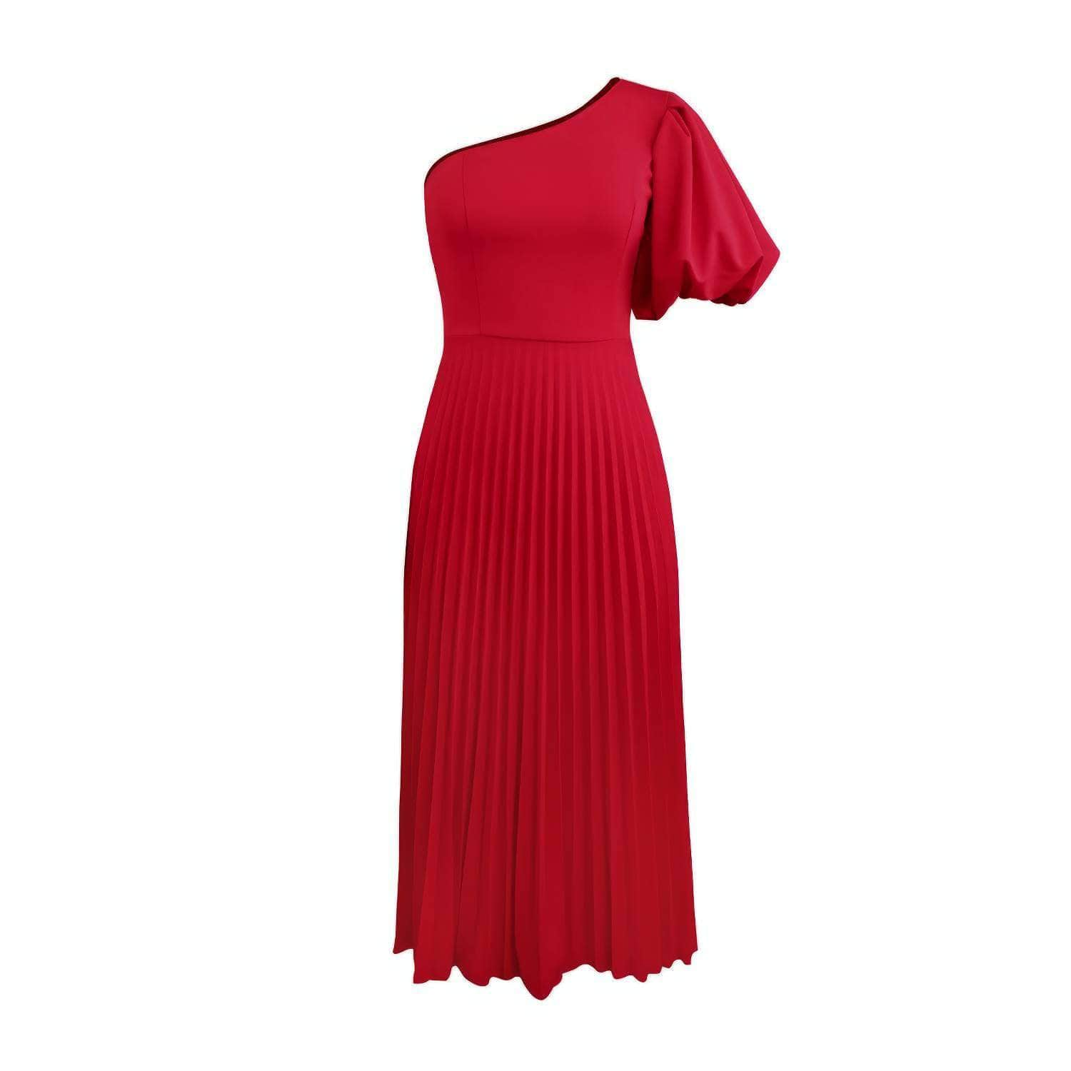 One-Shoulder Bubble Sleeves Pleated Hem Dress