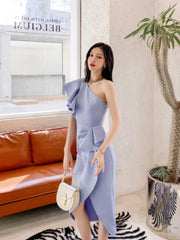 One-Shoulder Dramatic Ruffle Ruched Wrap Dress