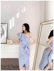 One-Shoulder Dramatic Ruffle Ruched Wrap Dress