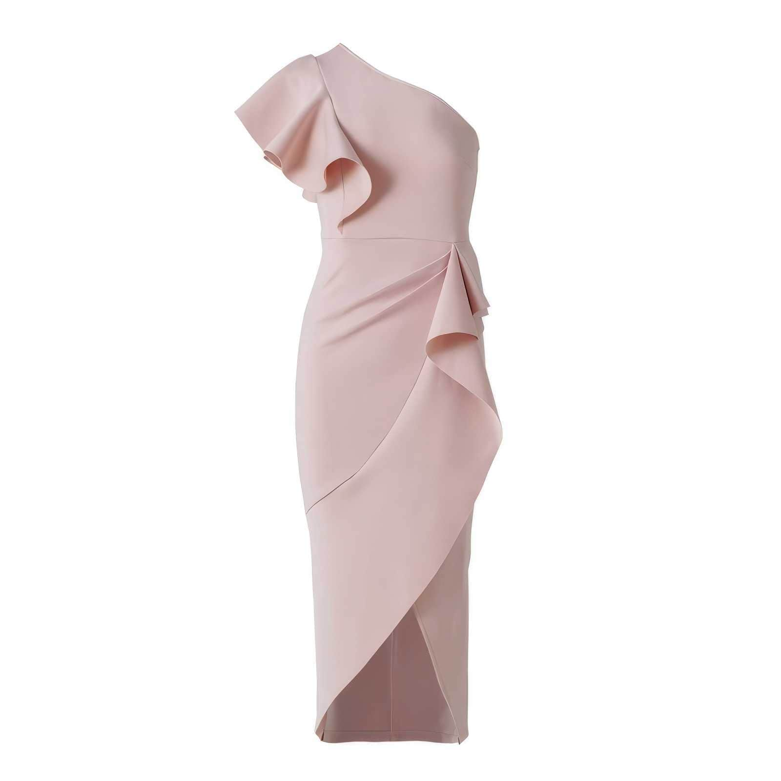 One-Shoulder Dramatic Ruffle Ruched Wrap Dress XS / Pink