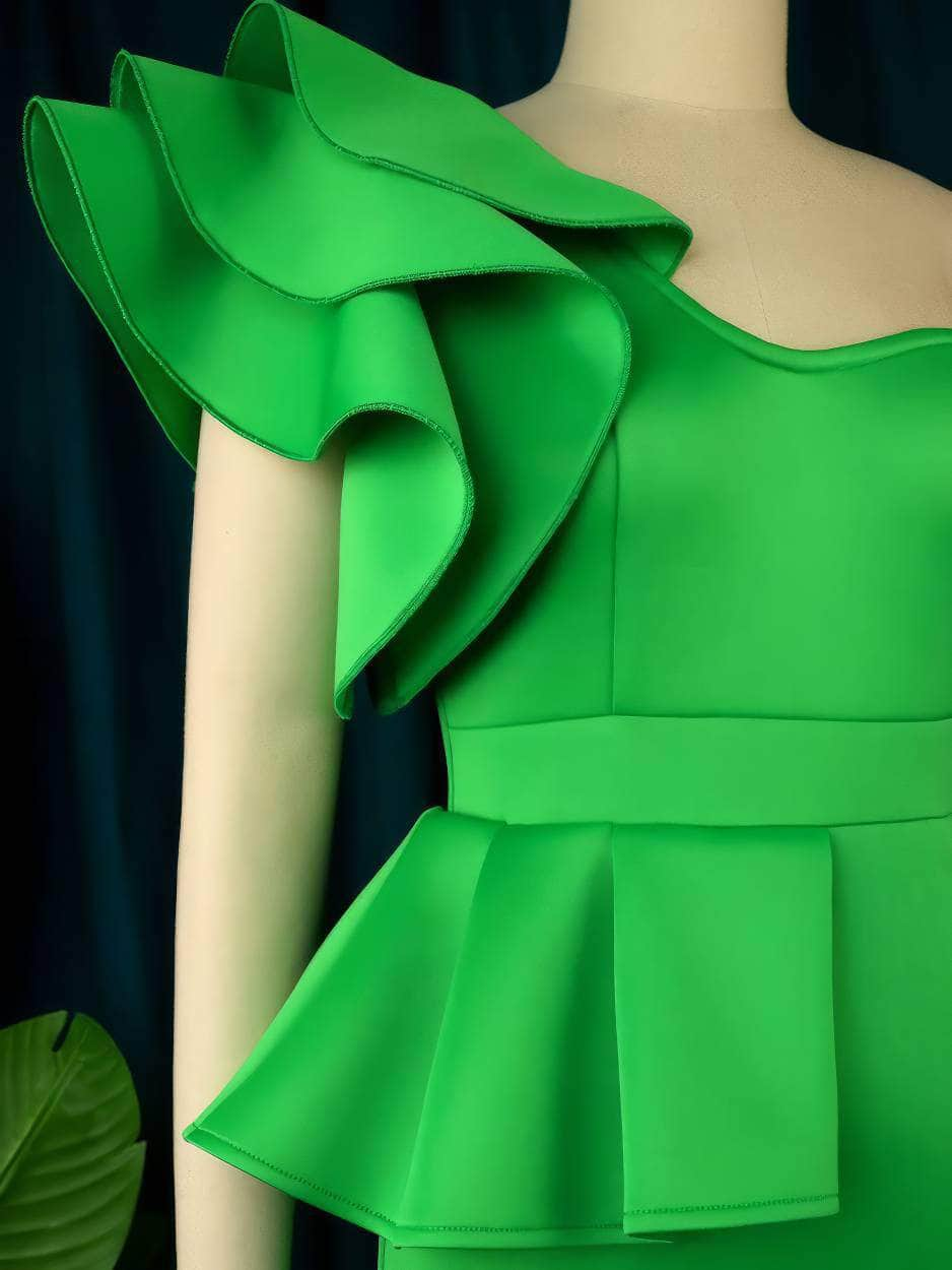 One-Shoulder Exaggerated Ruffle Layered Peplum Dress