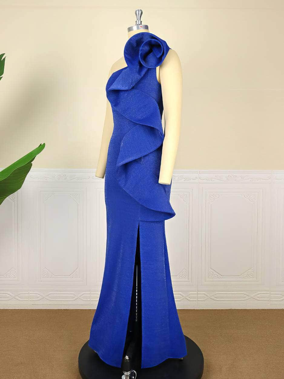 One Shoulder Exaggerated Ruffled Side Slit Dress