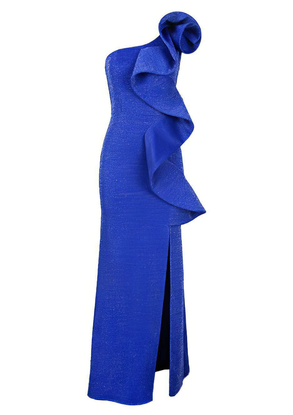 One Shoulder Exaggerated Ruffled Side Slit Dress