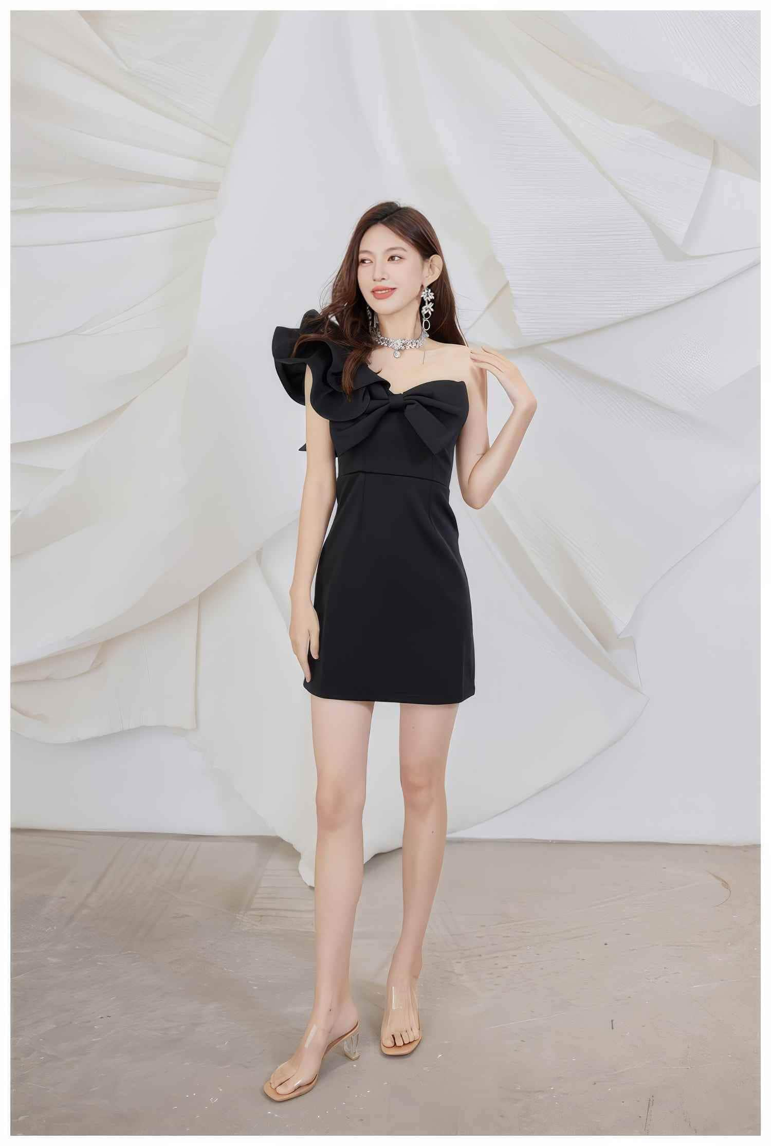 One-Shoulder Frill Sleeve 3D Bow Detail Sheath Dress