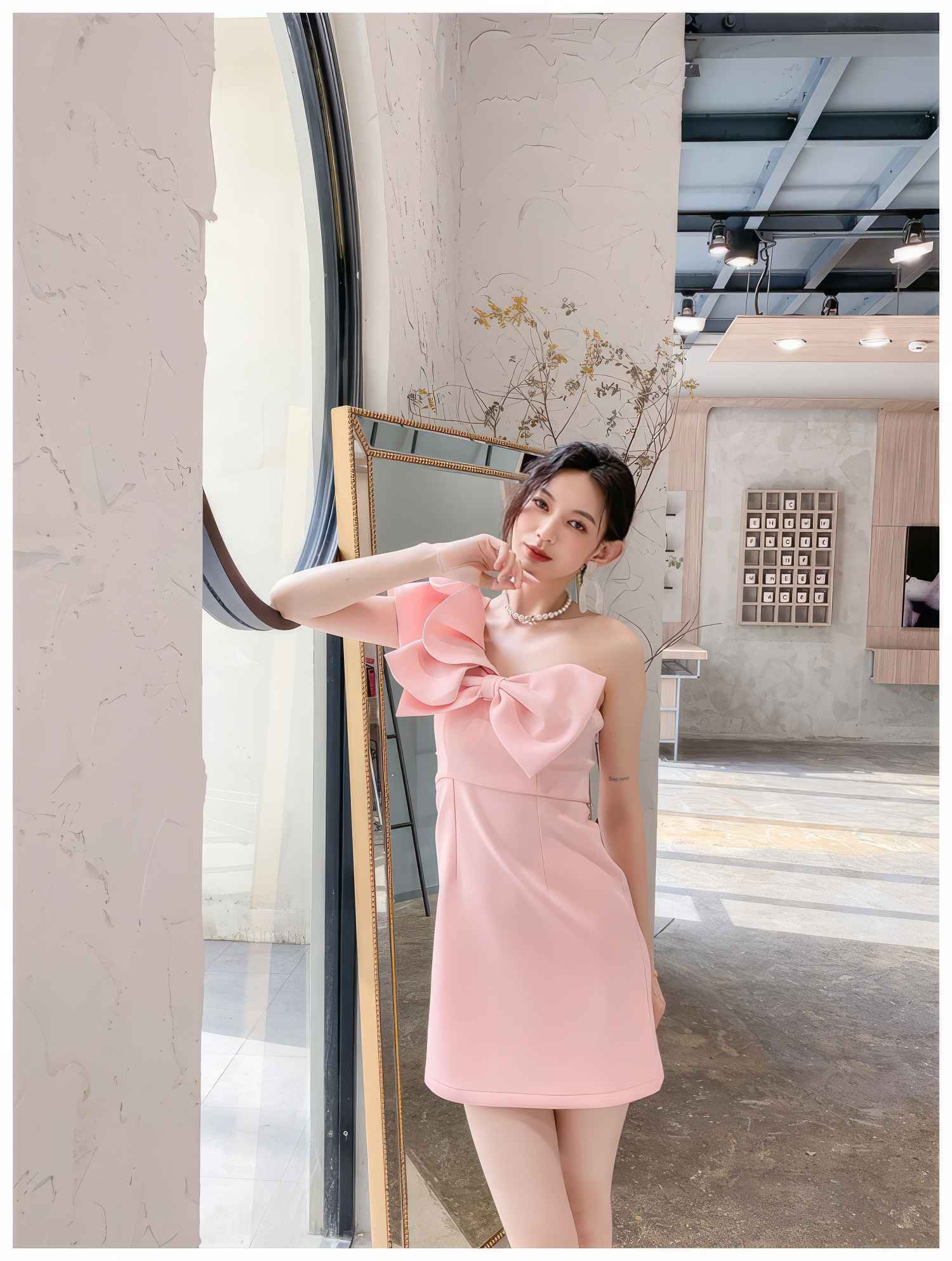 One-Shoulder Frill Sleeve 3D Bow Detail Sheath Dress