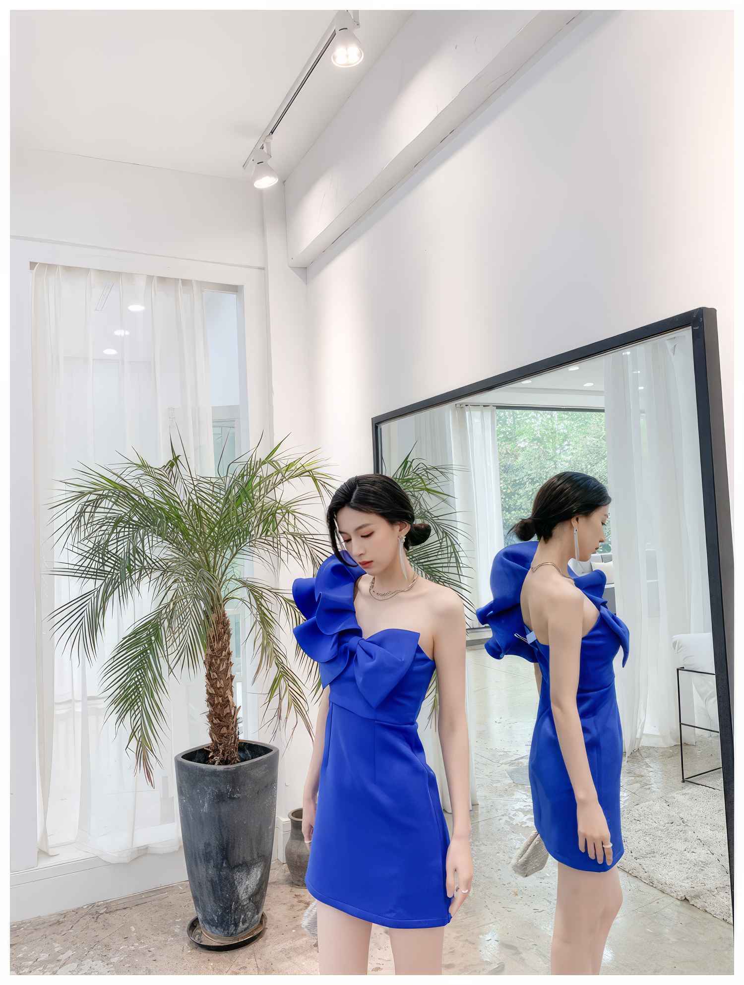 One-Shoulder Frill Sleeve 3D Bow Detail Sheath Dress