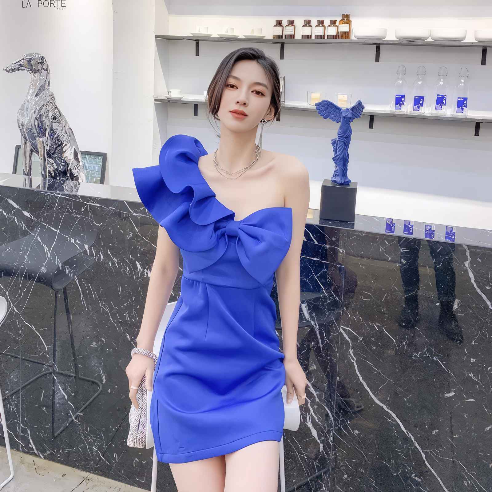 One-Shoulder Frill Sleeve 3D Bow Detail Sheath Dress