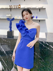 One-Shoulder Frill Sleeve 3D Bow Detail Sheath Dress