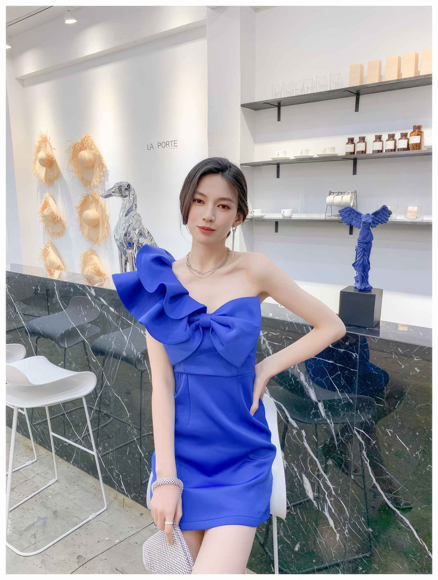 One-Shoulder Frill Sleeve 3D Bow Detail Sheath Dress