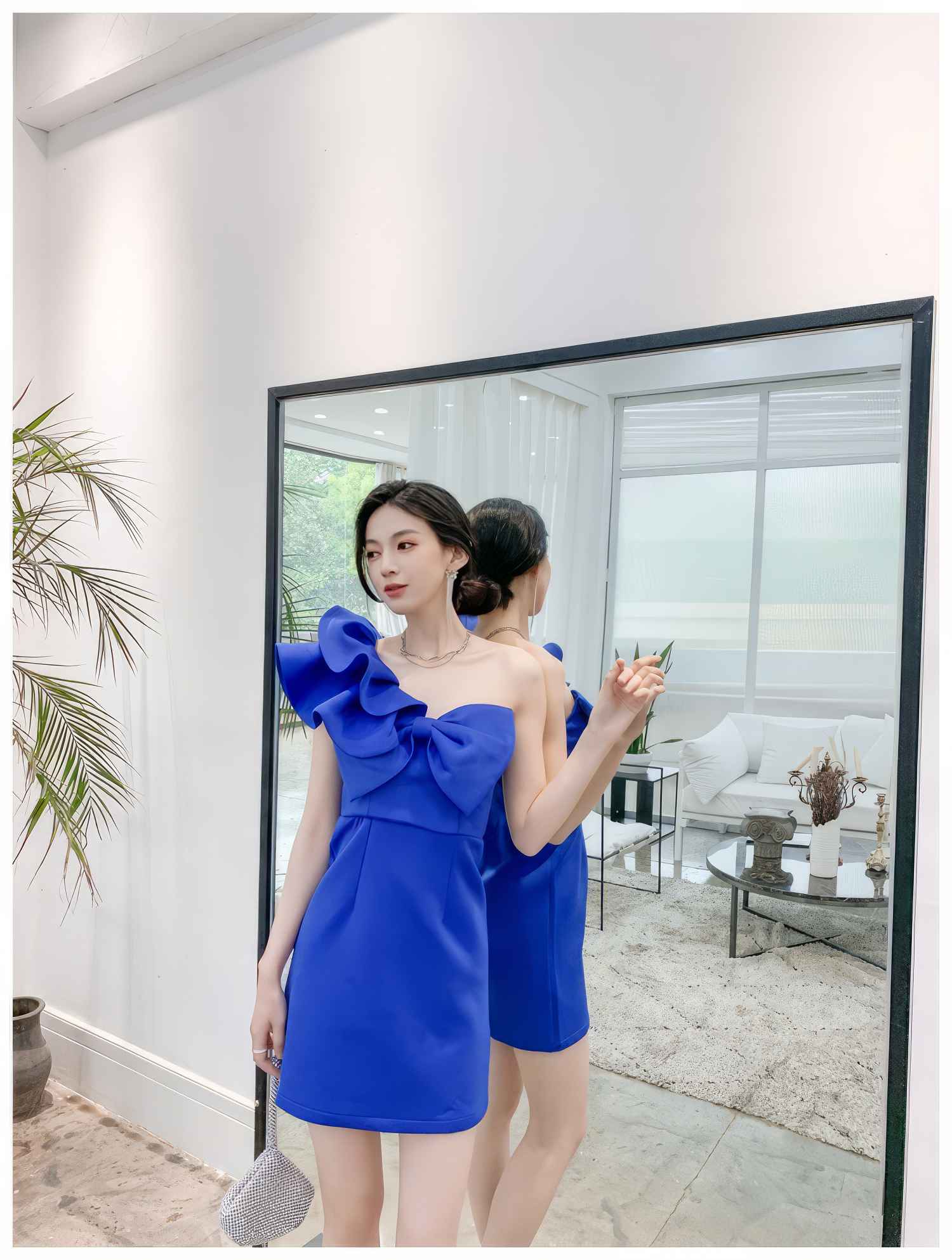 One-Shoulder Frill Sleeve 3D Bow Detail Sheath Dress