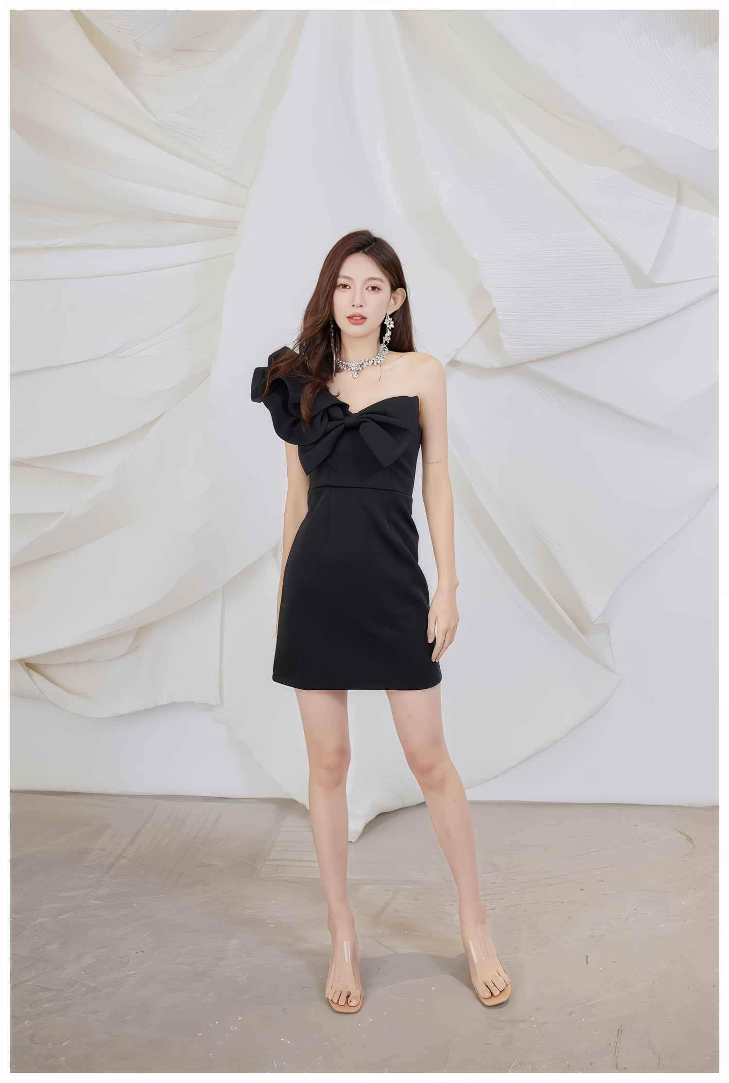 One-Shoulder Frill Sleeve 3D Bow Detail Sheath Dress