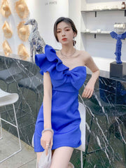 One-Shoulder Frill Sleeve 3D Bow Detail Sheath Dress S / Blue