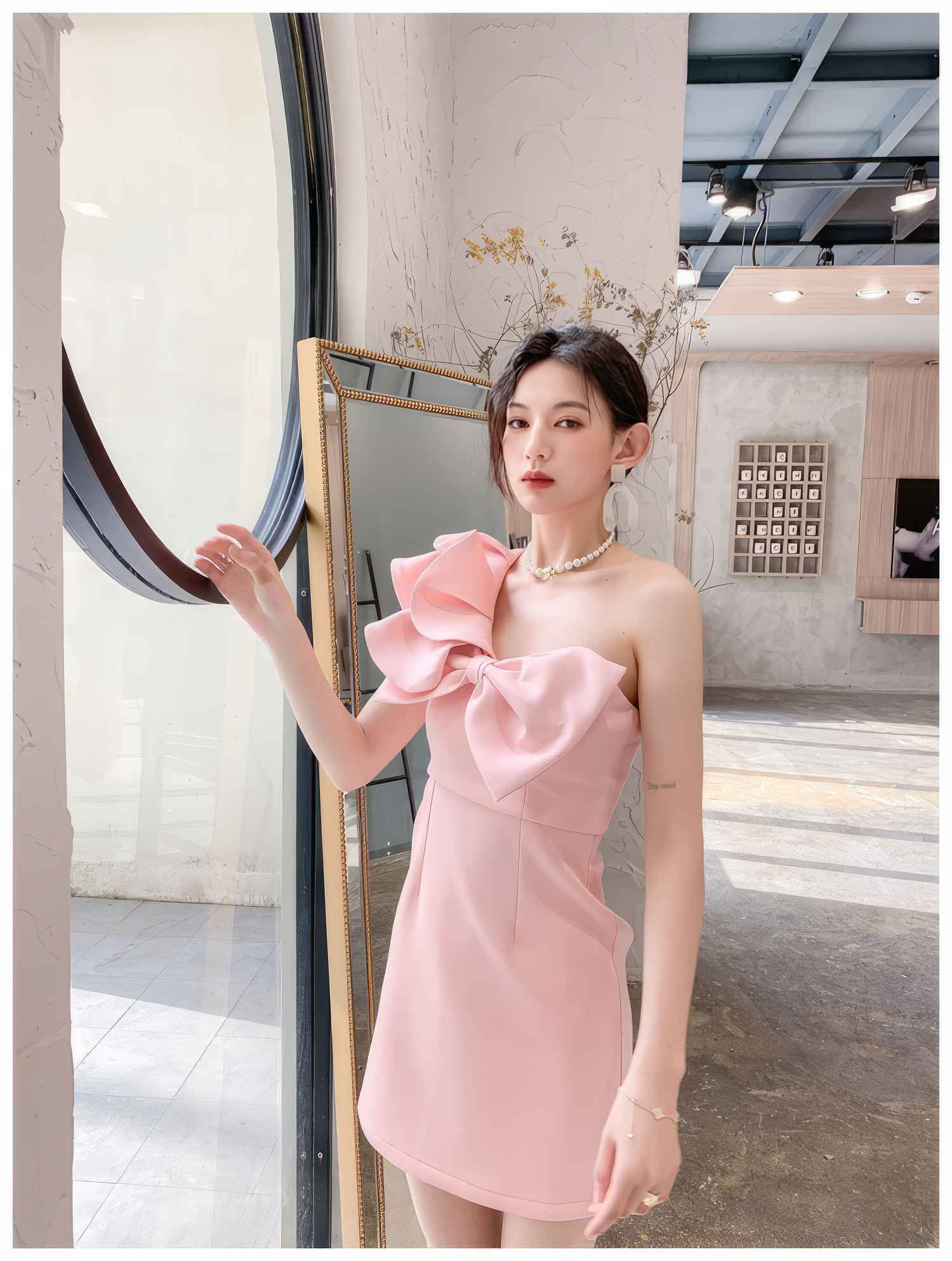 One-Shoulder Frill Sleeve 3D Bow Detail Sheath Dress S / Pink