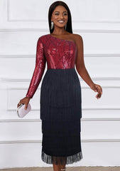 One-Shoulder Fringe Trim Sequin Cocktail Dress US 4-6 / DarkRed