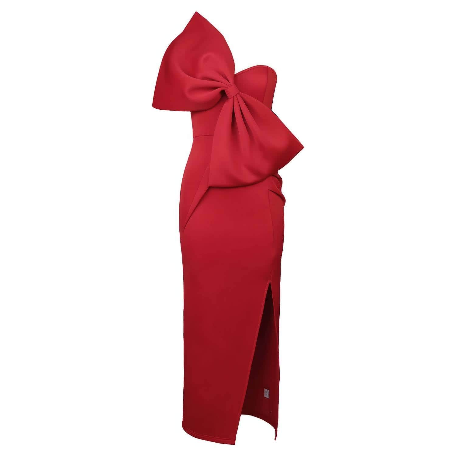 One Shoulder Front Large Bow Side Slit Dress