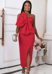 One Shoulder Front Large Bow Side Slit Dress