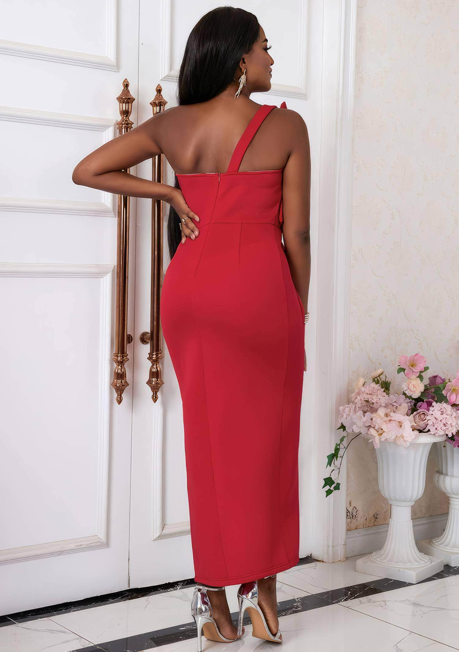 One Shoulder Front Large Bow Side Slit Dress