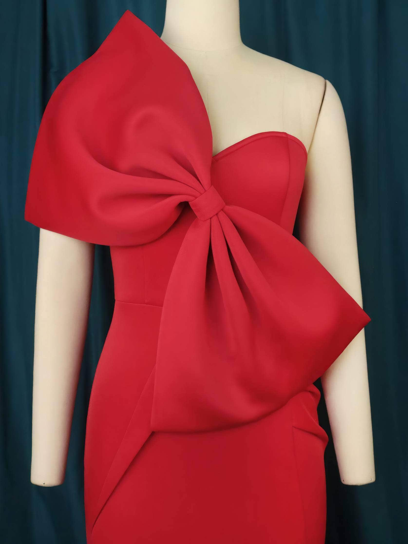 One Shoulder Front Large Bow Side Slit Dress