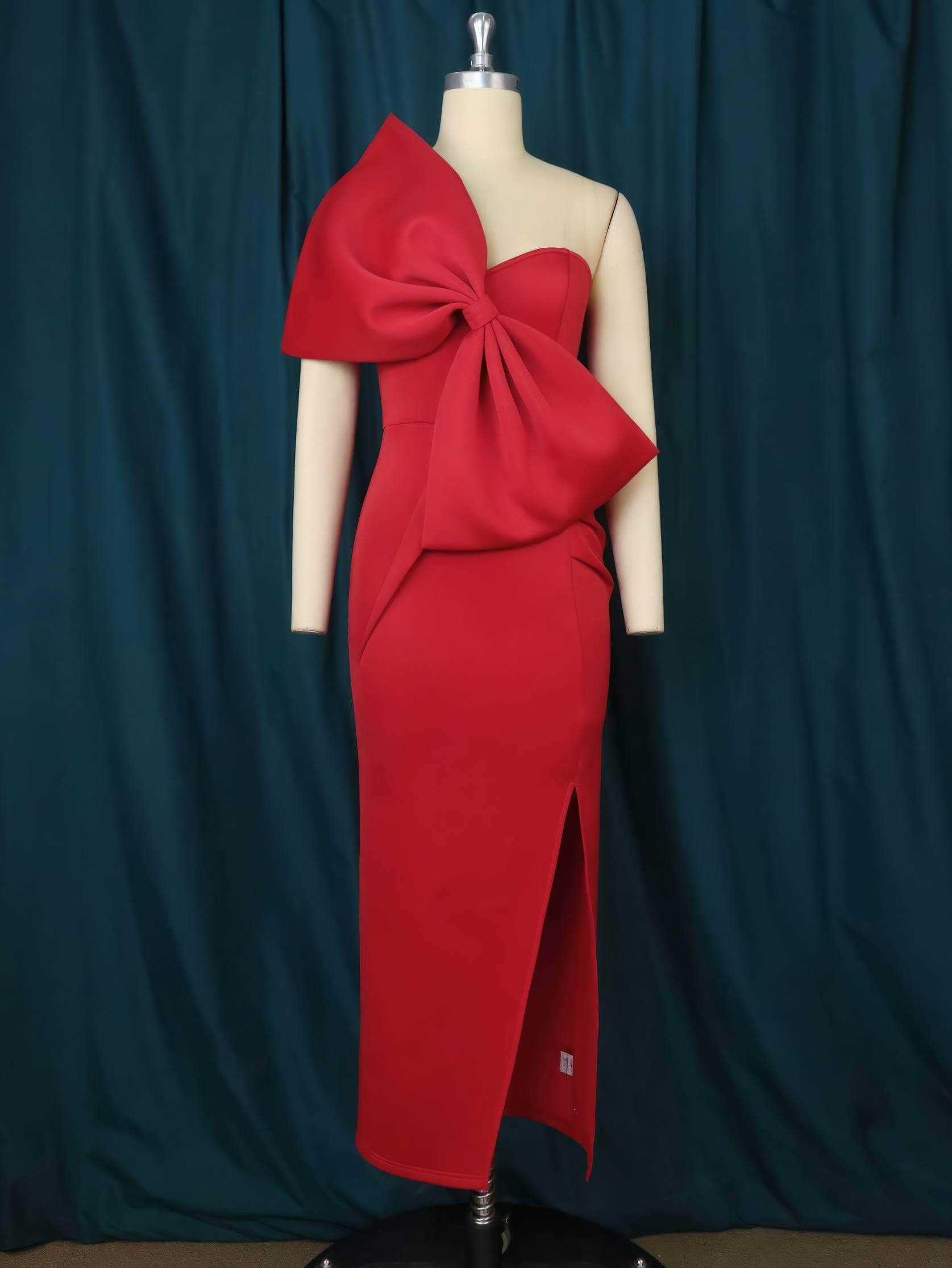 One Shoulder Front Large Bow Side Slit Dress