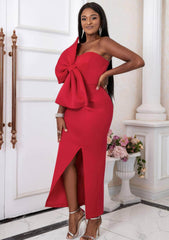 One Shoulder Front Large Bow Side Slit Dress