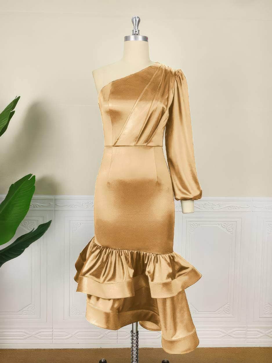 One Shoulder Lantern Sleeve Ruffle Hem Satin Dress