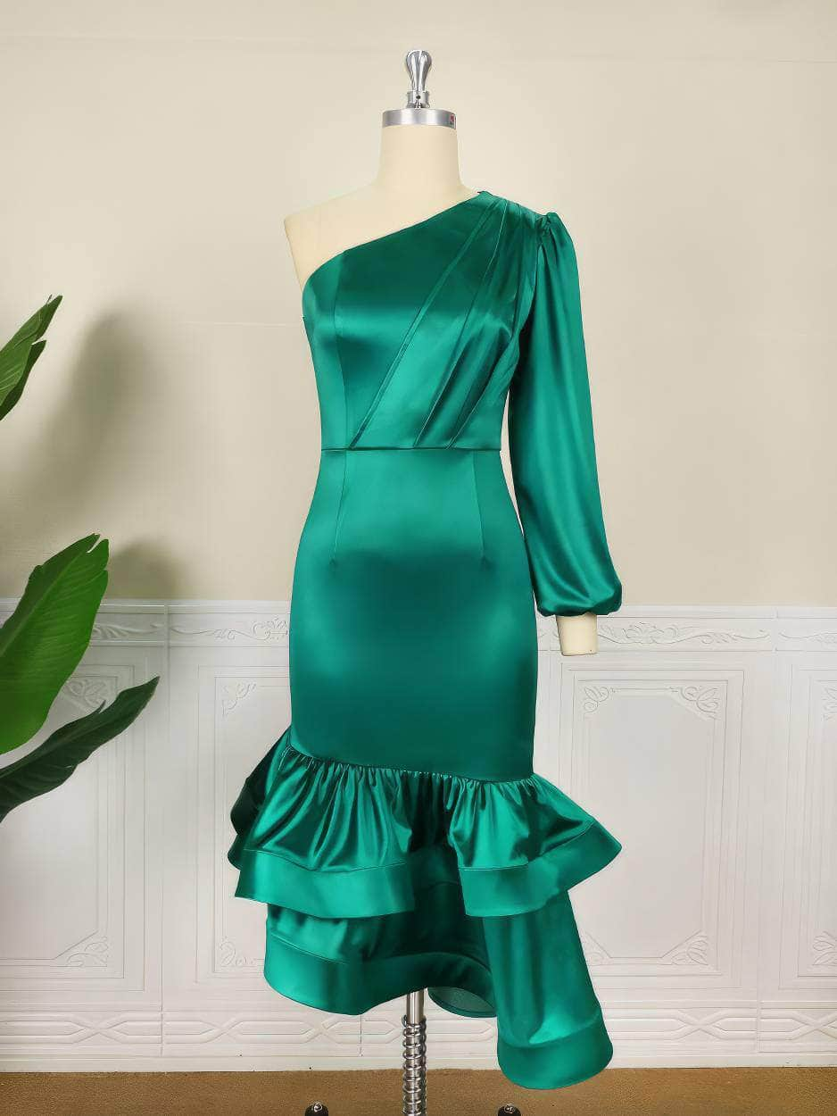 One Shoulder Lantern Sleeve Ruffle Hem Satin Dress