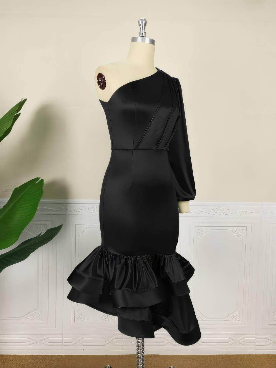 One Shoulder Lantern Sleeve Ruffle Hem Satin Dress