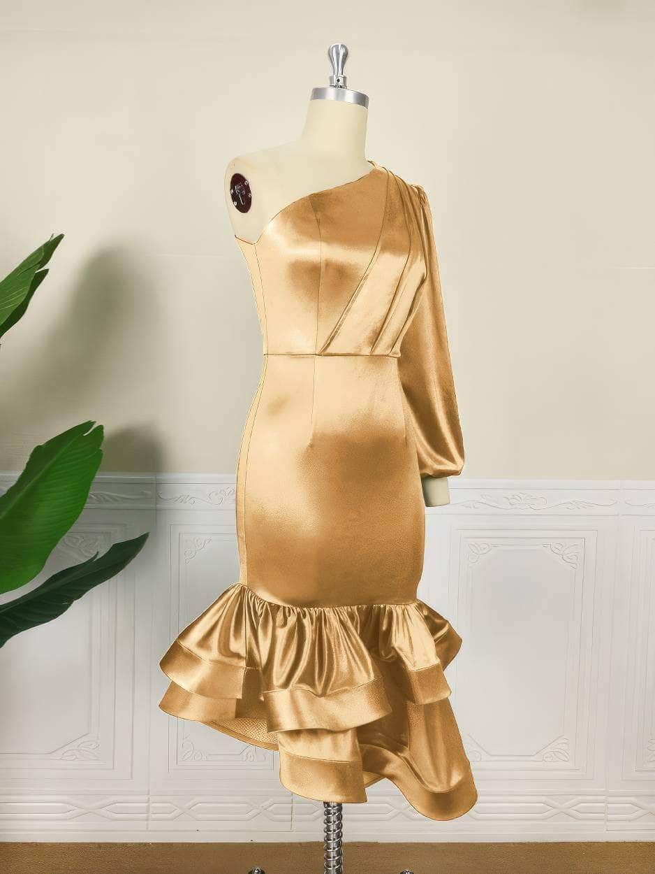 One Shoulder Lantern Sleeve Ruffle Hem Satin Dress