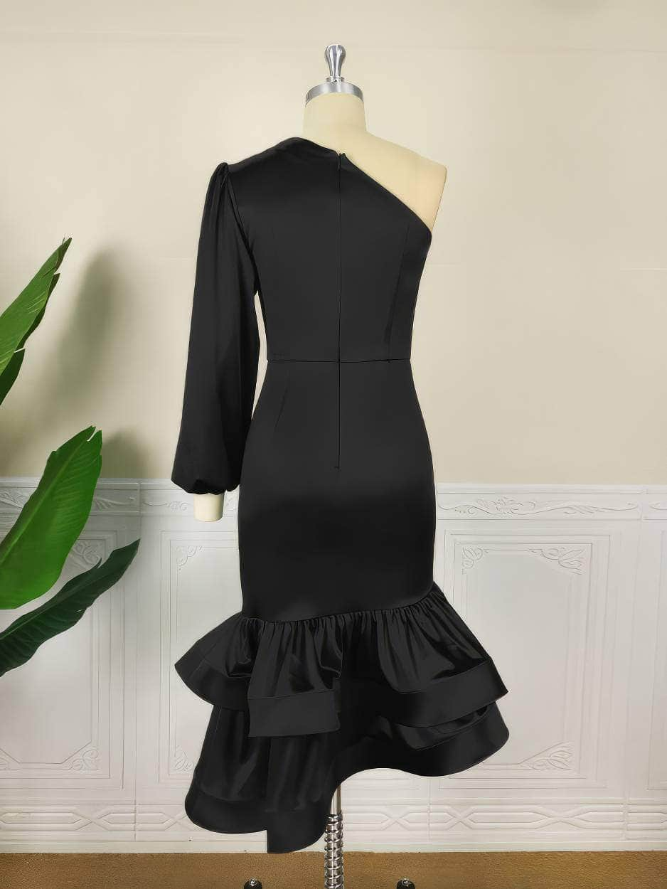 One Shoulder Lantern Sleeve Ruffle Hem Satin Dress