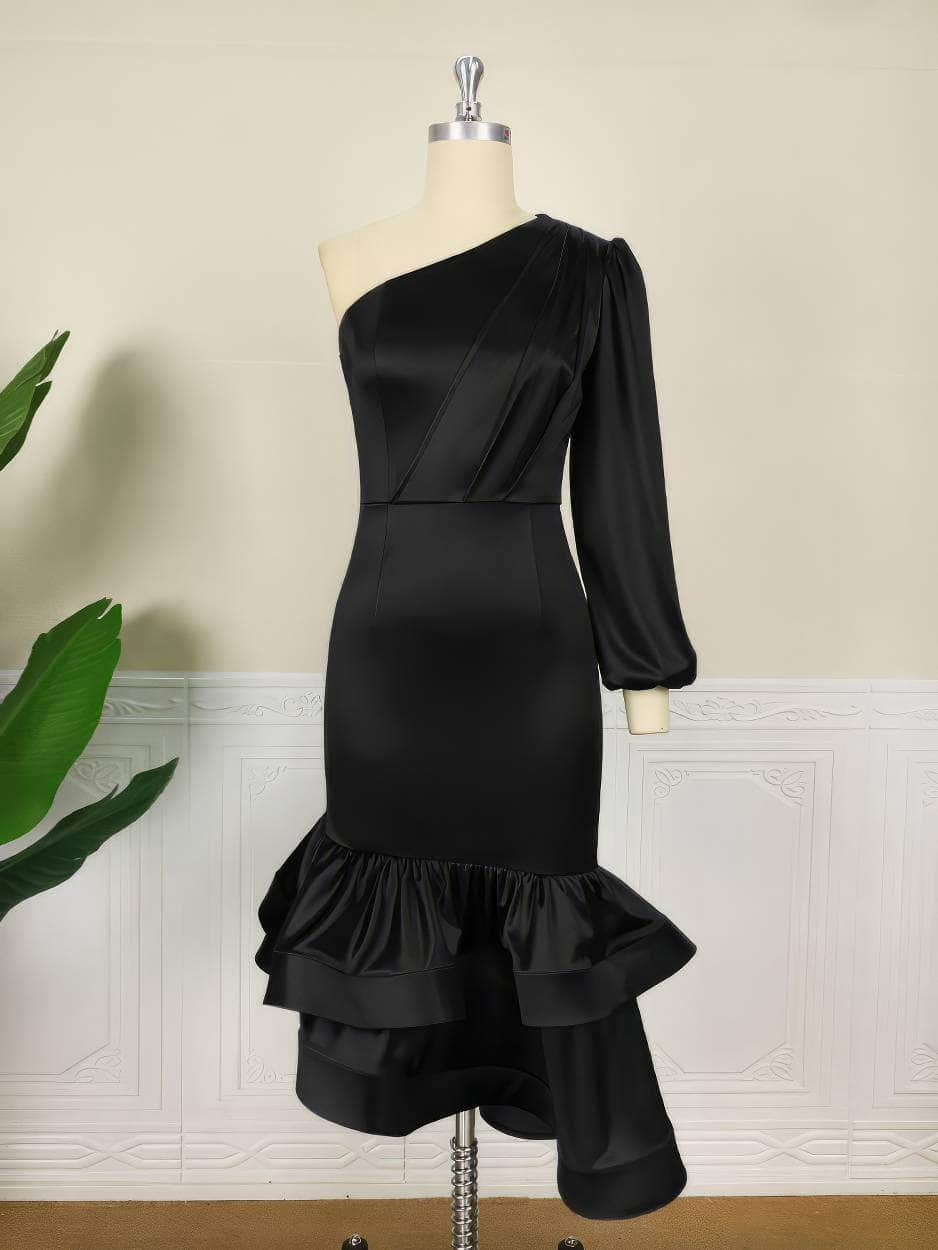 One Shoulder Lantern Sleeve Ruffle Hem Satin Dress