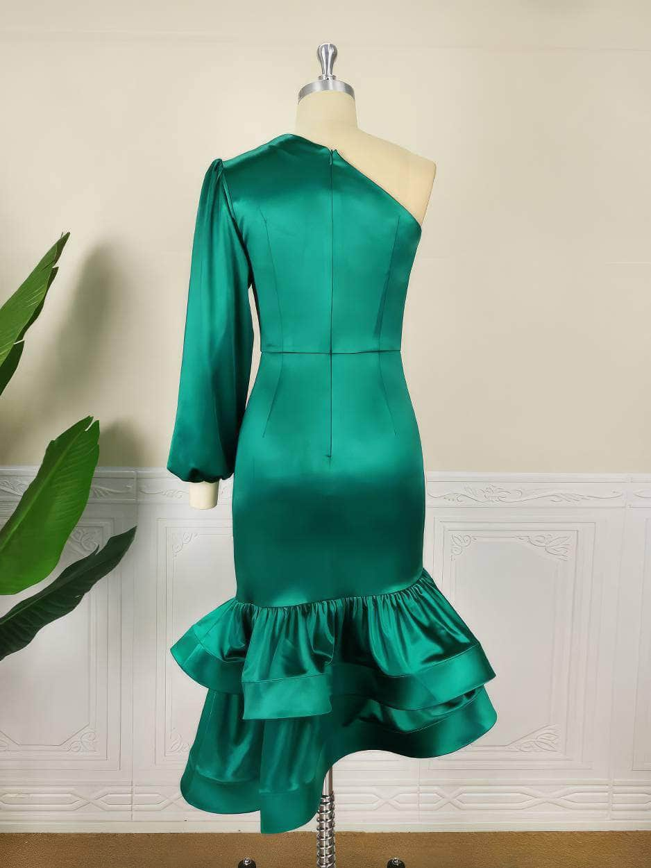 One Shoulder Lantern Sleeve Ruffle Hem Satin Dress