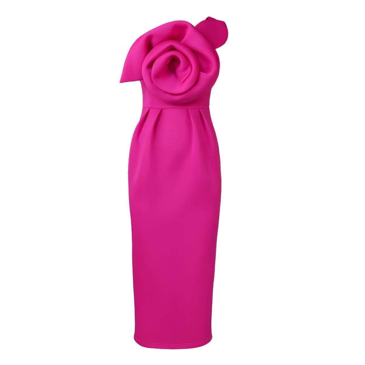 One Shoulder Large Rose Detailed Column Dress