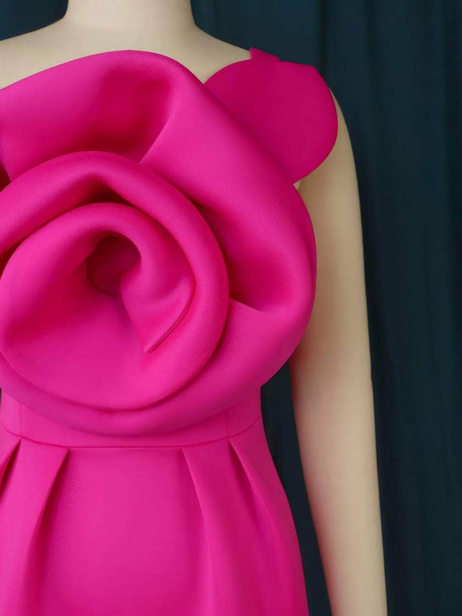 One Shoulder Large Rose Detailed Column Dress