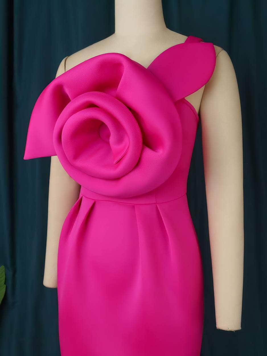 One Shoulder Large Rose Detailed Column Dress