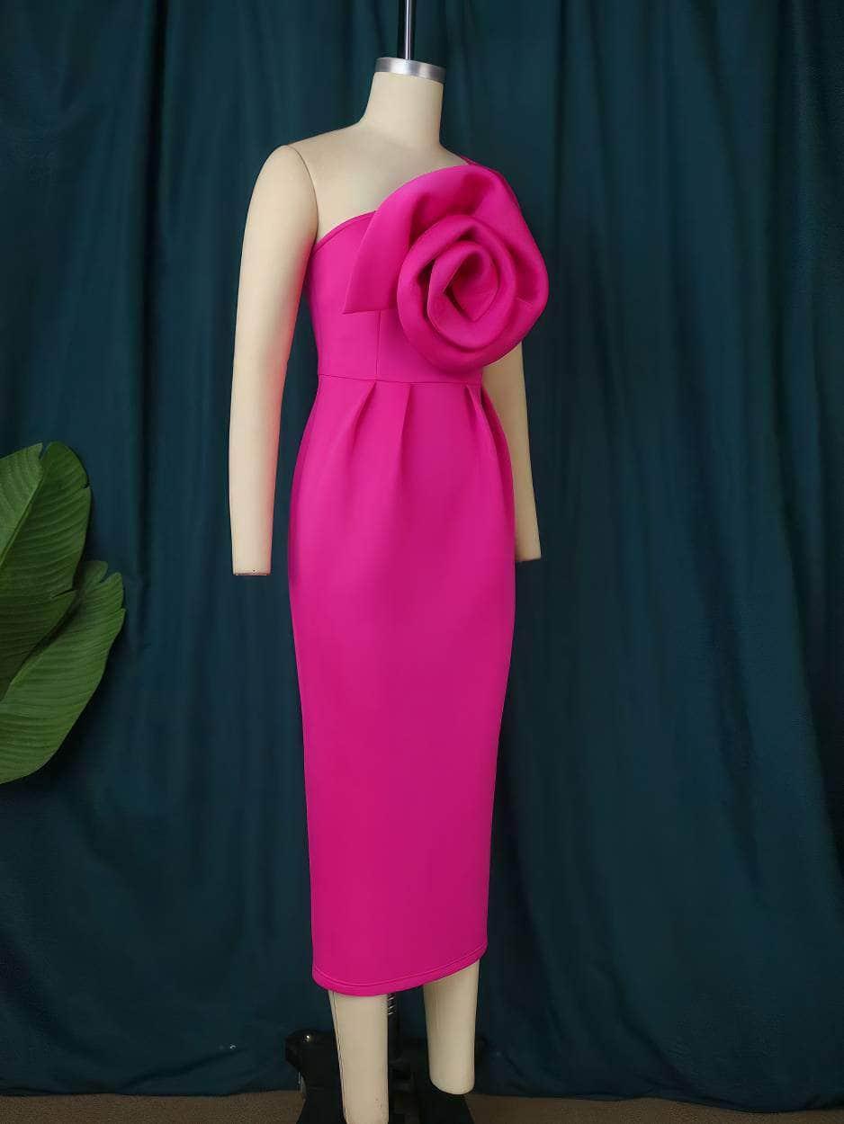 One Shoulder Large Rose Detailed Column Dress