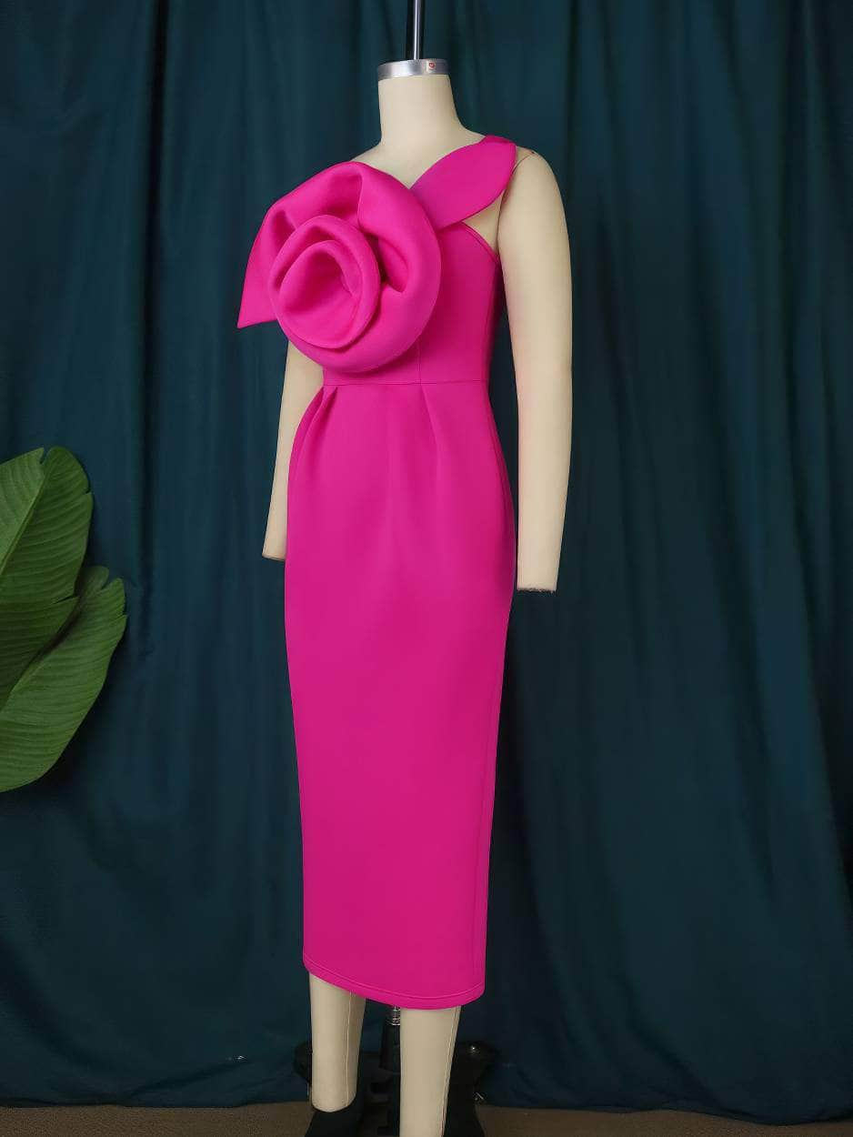 One Shoulder Large Rose Detailed Column Dress