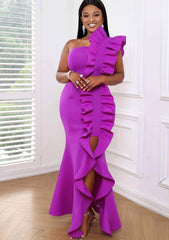 One-Shoulder Large Ruffle Trim Side Slit Dress US 4-6 / Orchid