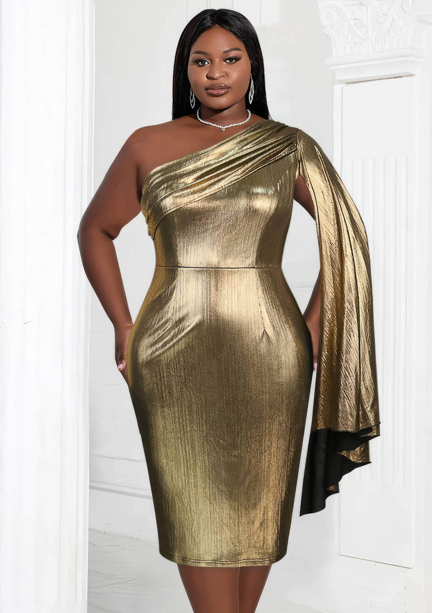 One-Shoulder Pleated Cape Gold Metallic Dress