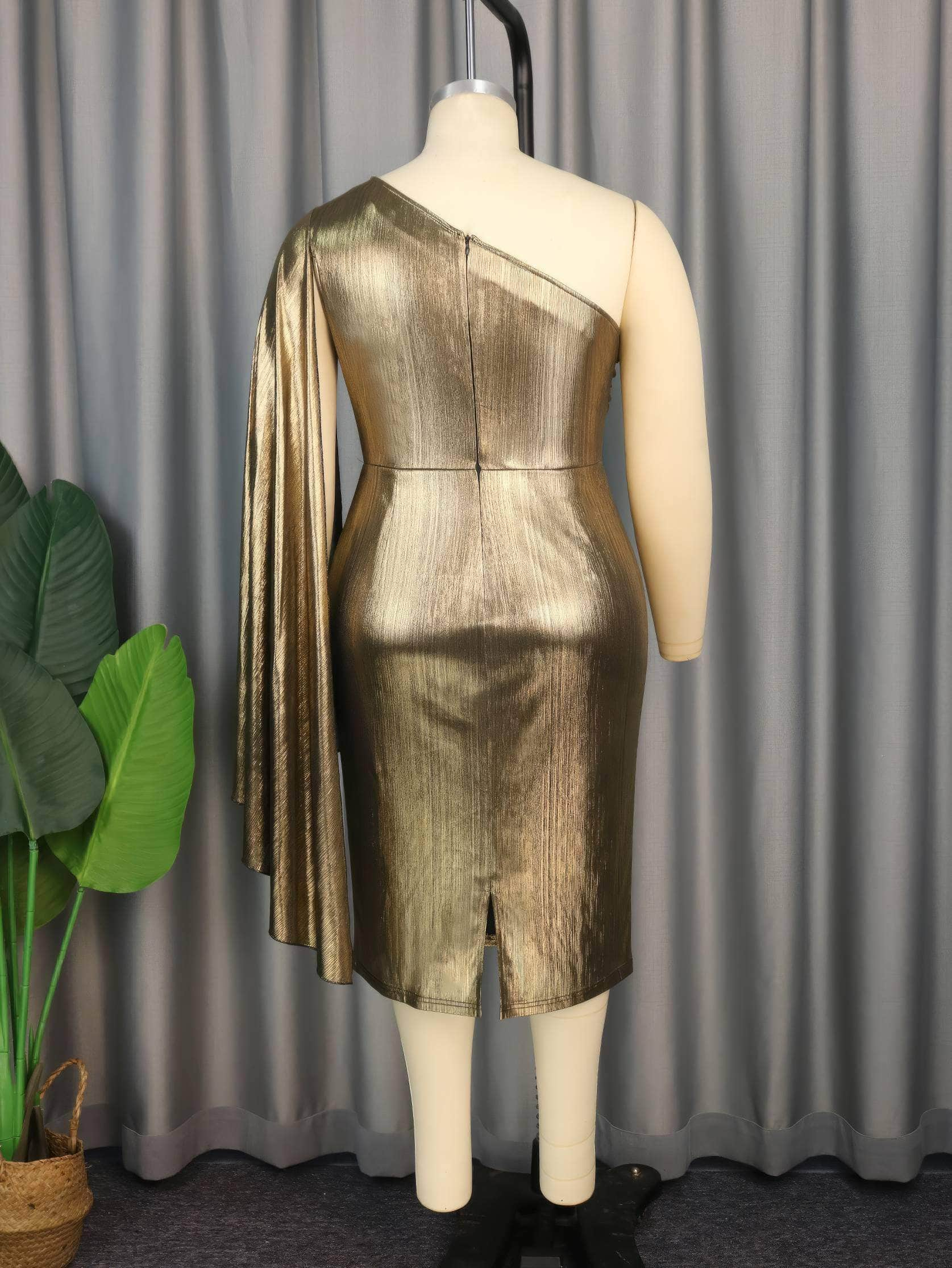 One-Shoulder Pleated Cape Gold Metallic Dress