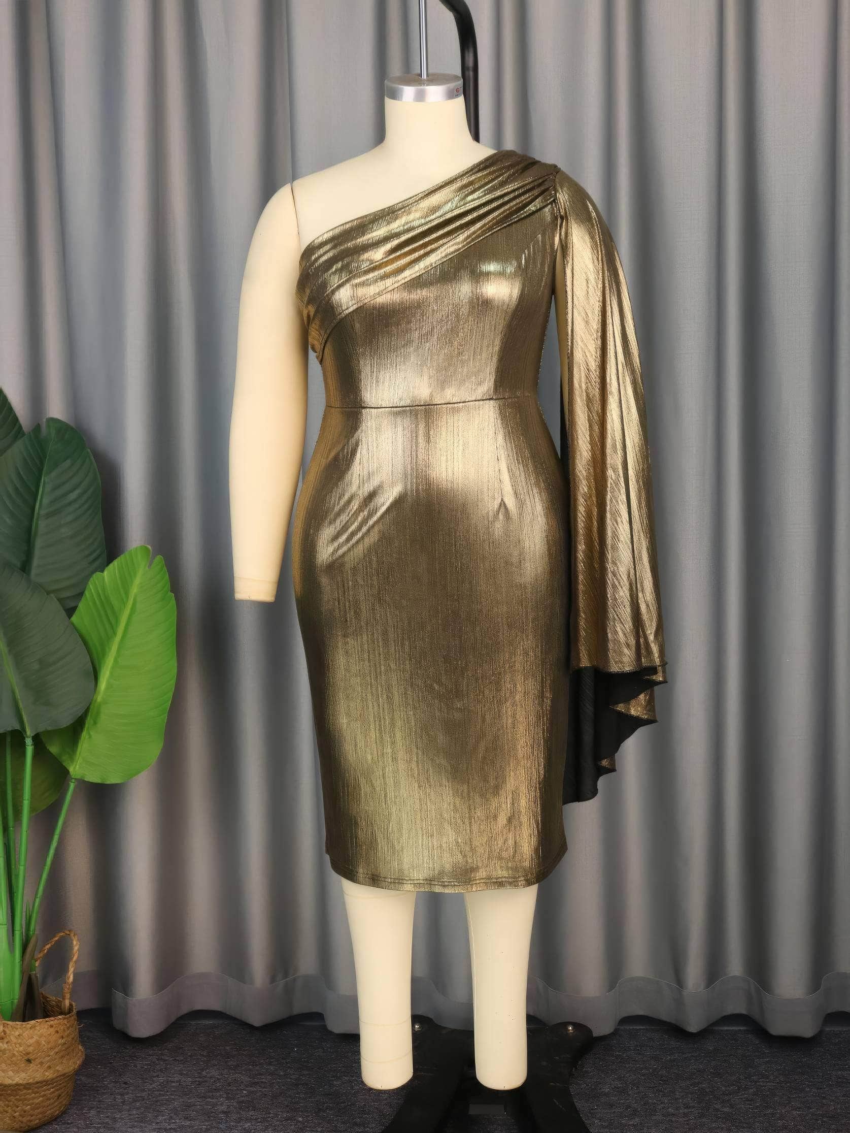 One-Shoulder Pleated Cape Gold Metallic Dress