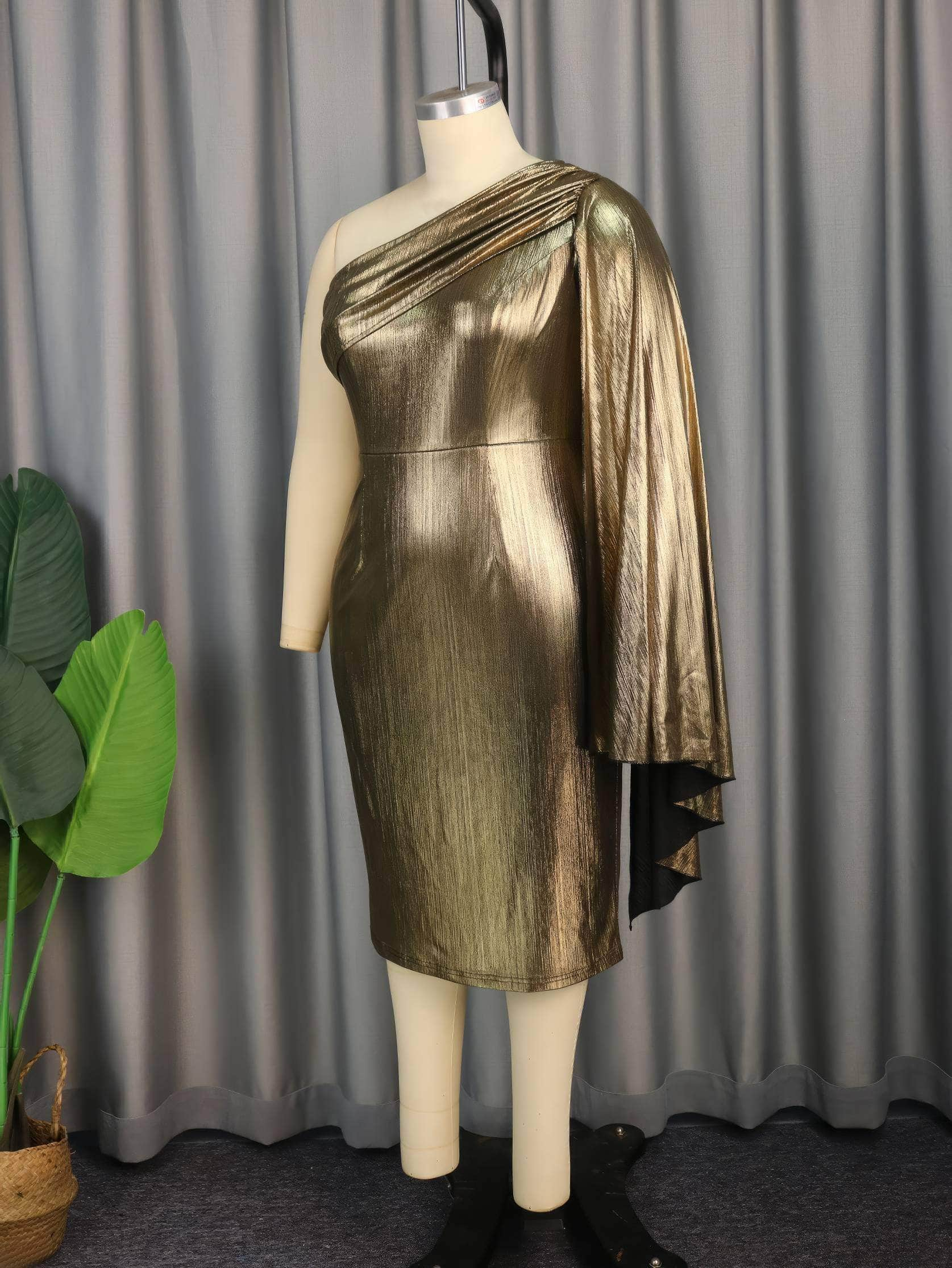 One-Shoulder Pleated Cape Gold Metallic Dress