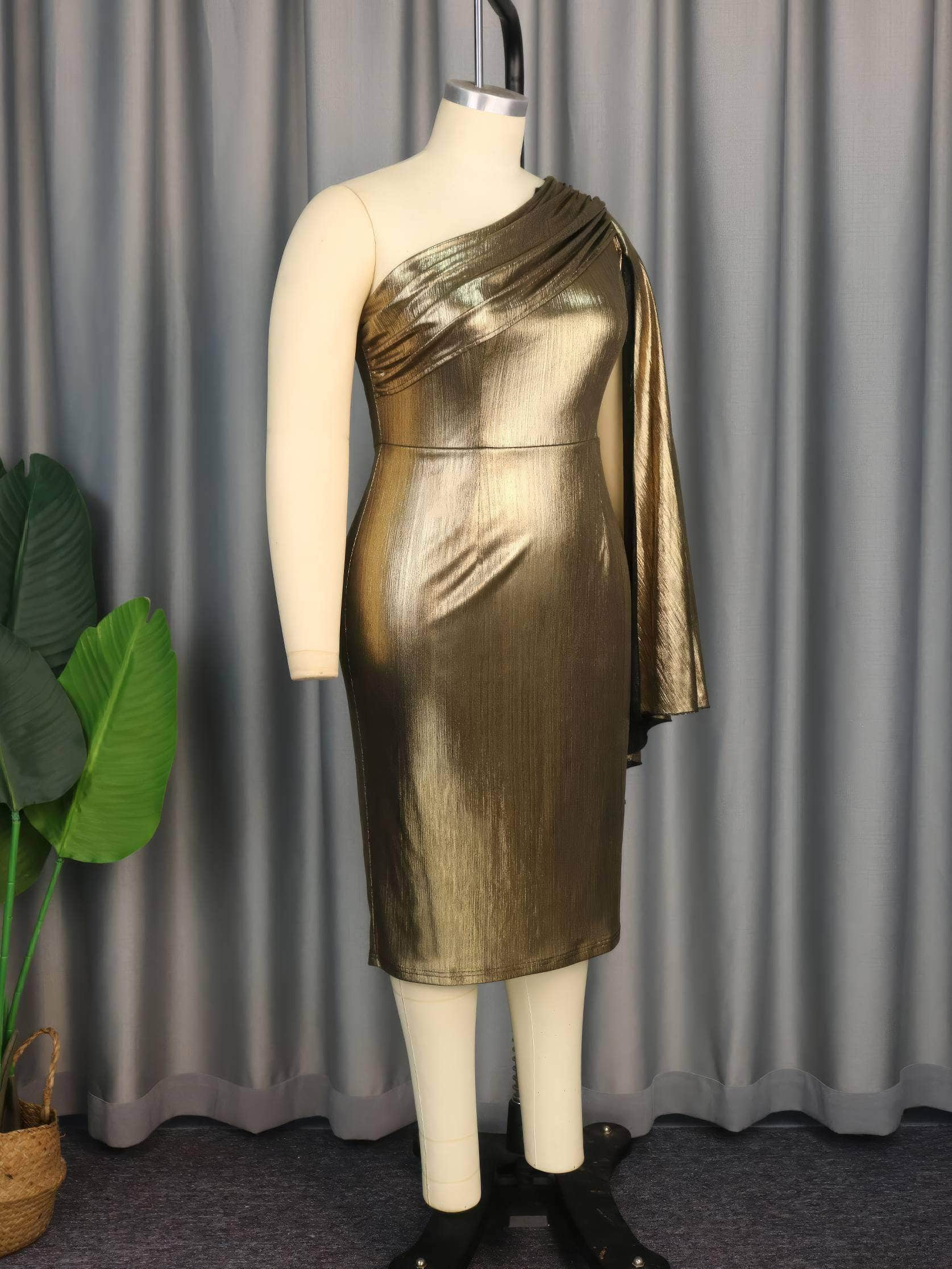 One-Shoulder Pleated Cape Gold Metallic Dress