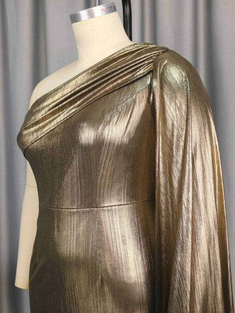 One-Shoulder Pleated Cape Gold Metallic Dress