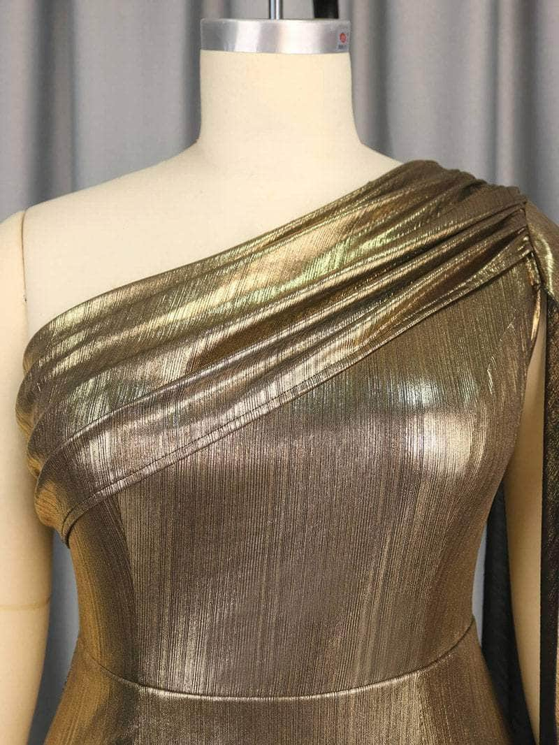 One-Shoulder Pleated Cape Gold Metallic Dress