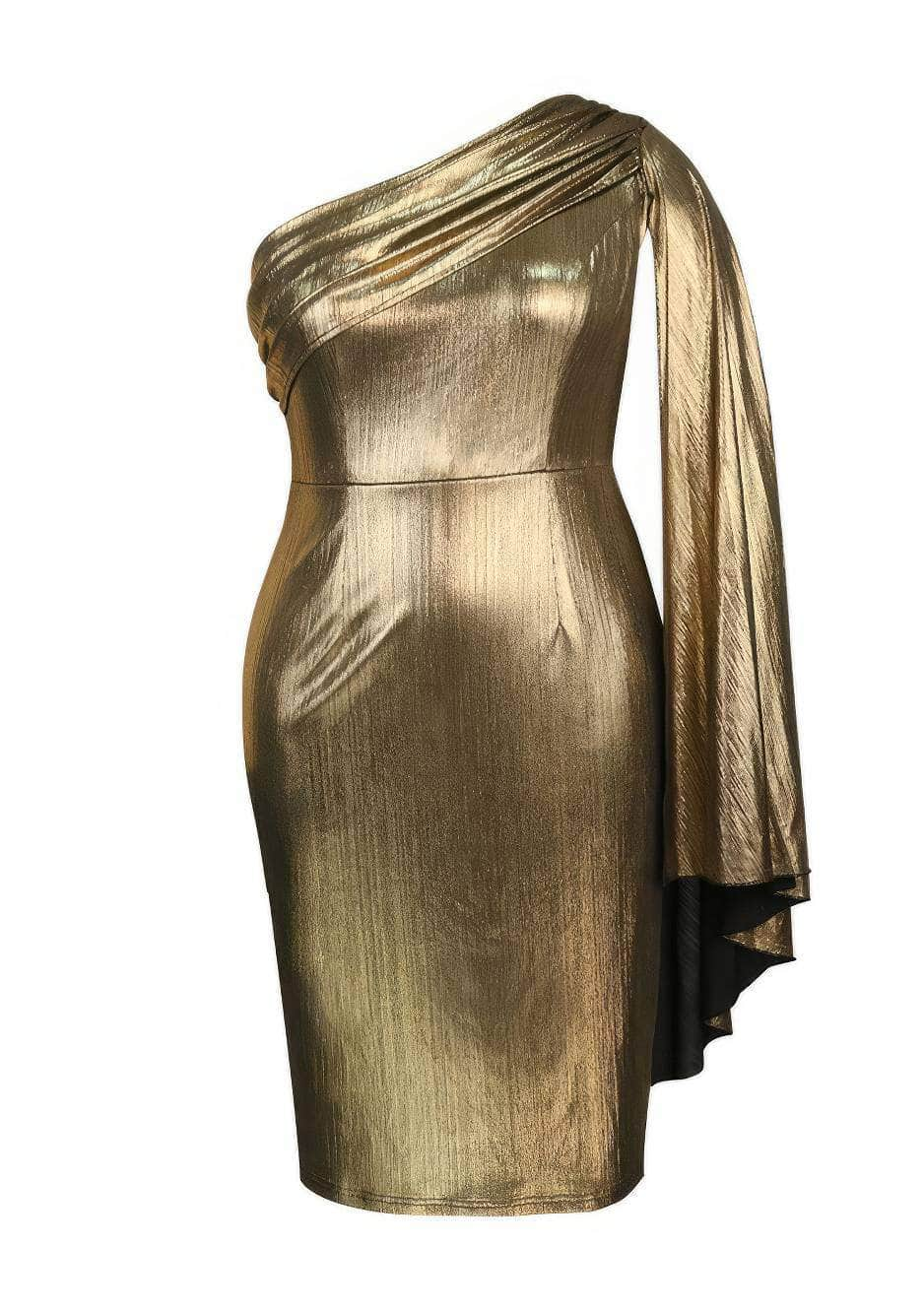 One-Shoulder Pleated Cape Gold Metallic Dress