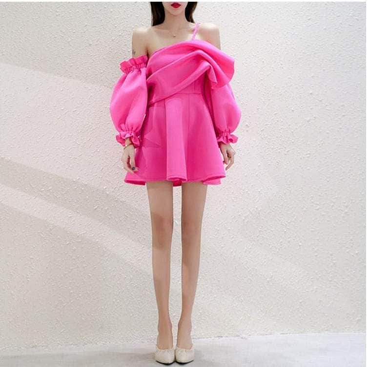 One-Shoulder Puff Sleeve Pleated Mini Dress