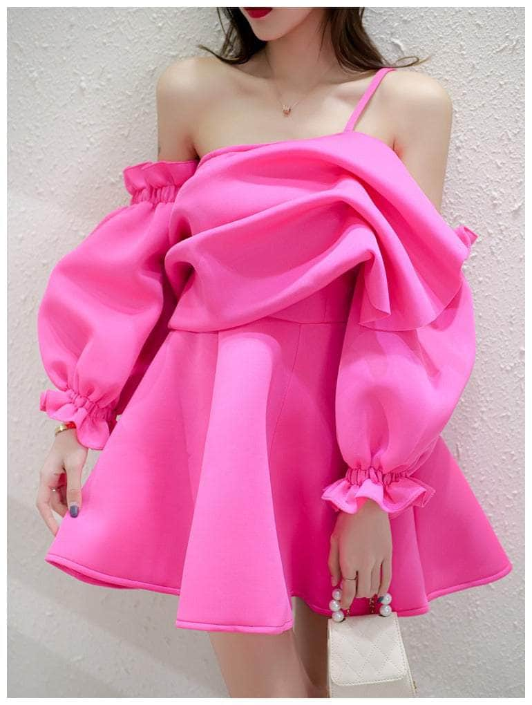 One-Shoulder Puff Sleeve Pleated Mini Dress